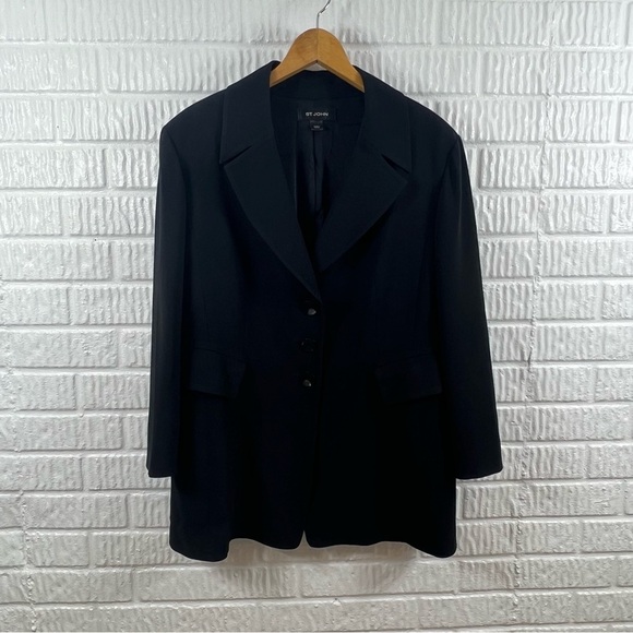St. John Black Silk Blazer Three Button Large - Picture 1 of 8